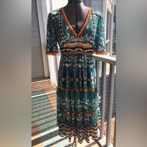 Flying Tomato Green and Orange Midi Print Dress